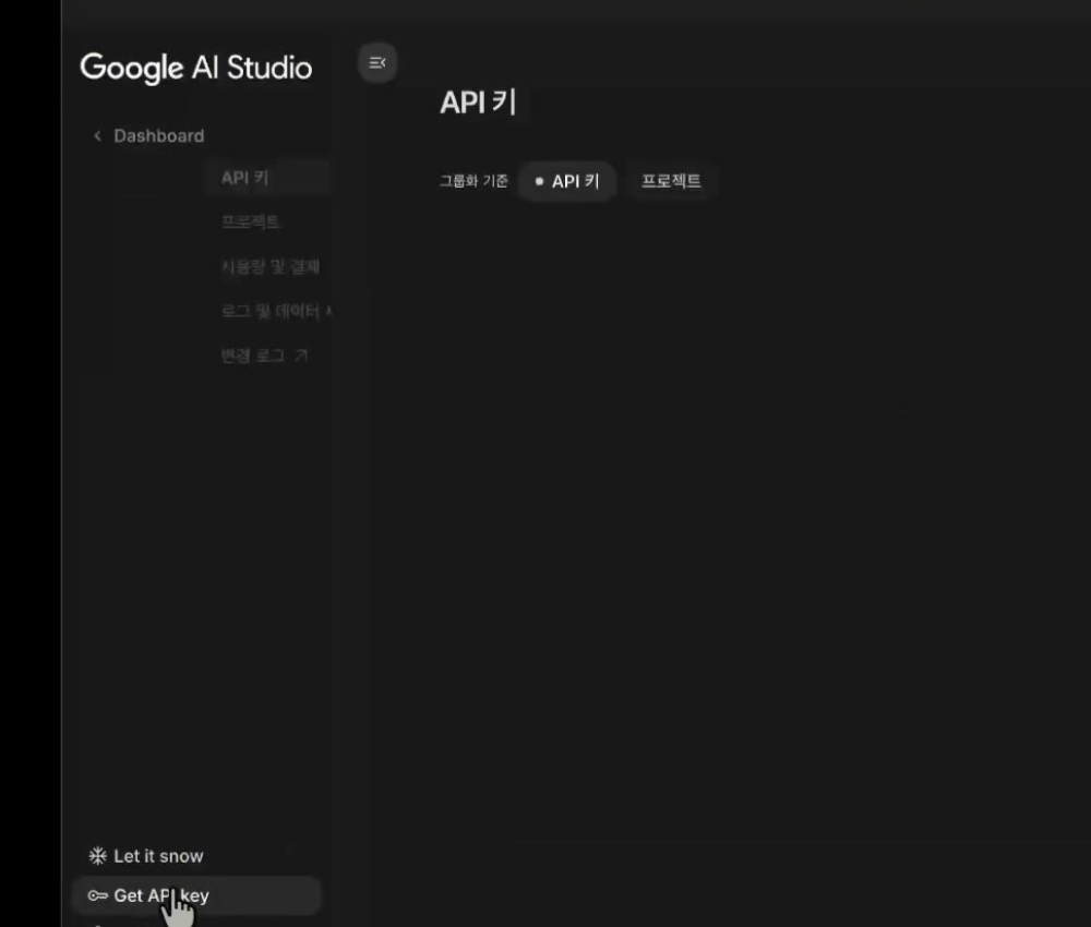 Get API key 메뉴 화면