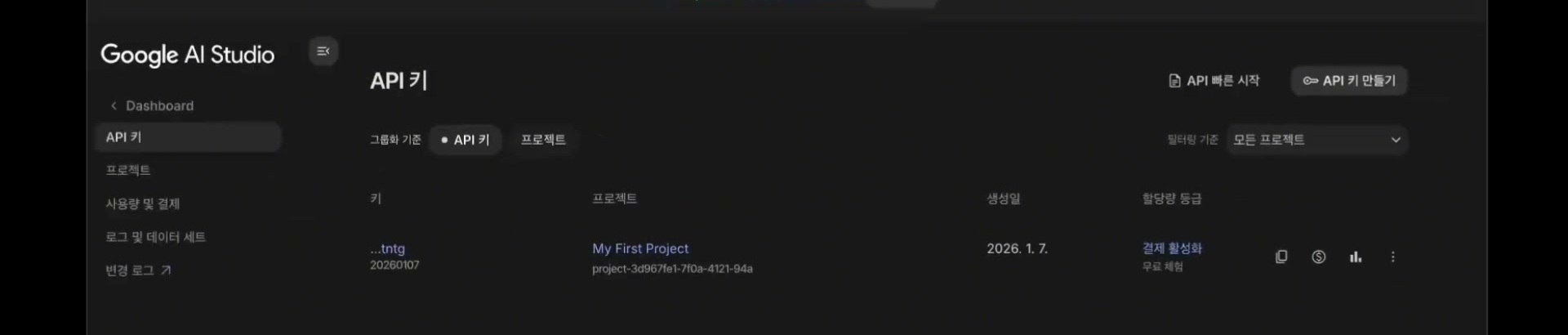 API 키 목록 화면